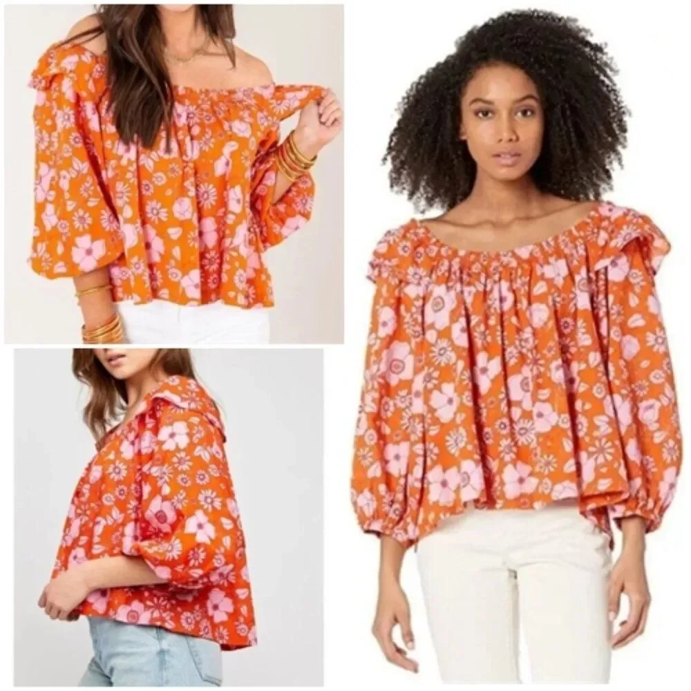 FREE PEOPLE Miss Daisy Floral Off Shoulder Top Ruffle Puff Sleeve Heat Wave Sz M